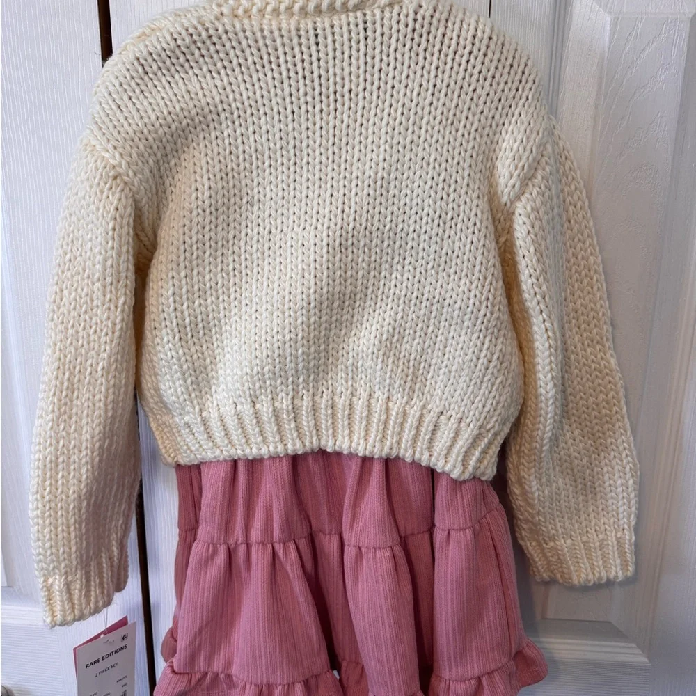 Kids Cream Chucky Cardigan with Pink Bows and Mauve Dress 2Piece Set size 5 NWTS